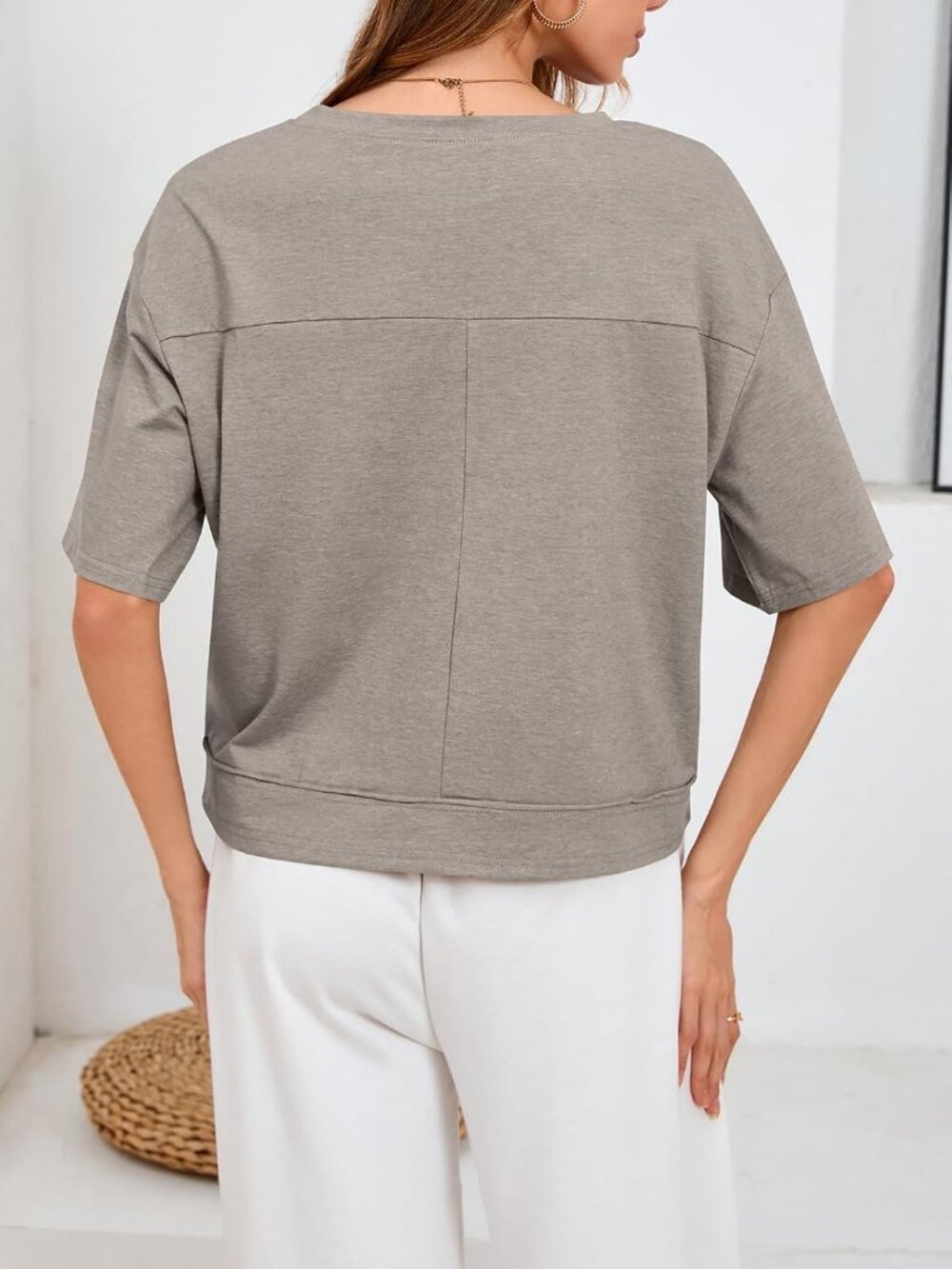 Women's Light Brown Crew Neck Short Sleeve Cropped T Shirt Loose Fit Casual Top - Picture 2 of 5